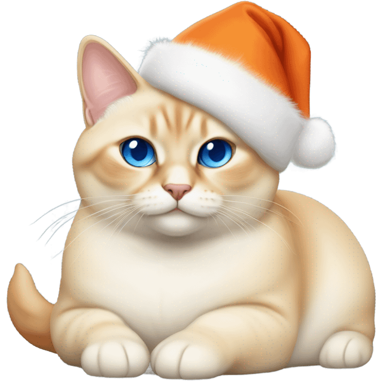 chubby fat, flame point Siamese, with white fur with orange accents, and blue eyes, smiling, wearing a red christmas hat  emoji