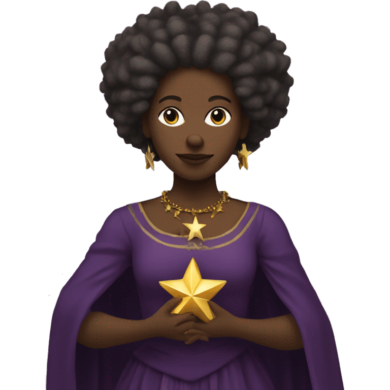 Afro indigenous woman with dread locks and dark skin, purple medieval dress holding a golden star. emoji