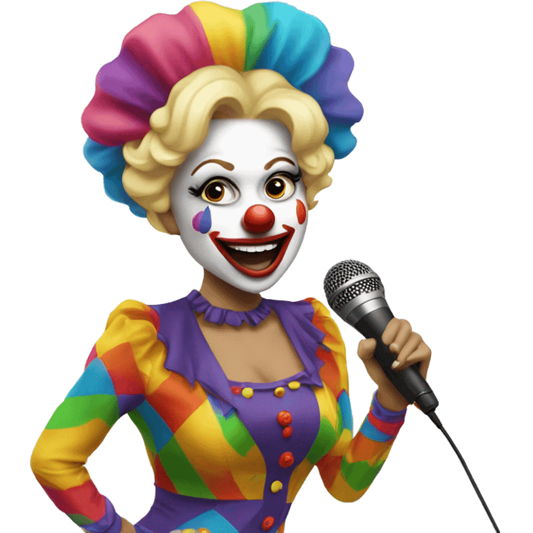 Espresso/blonde woman, dressed as a clown also dancing provocatively with a mic emoji