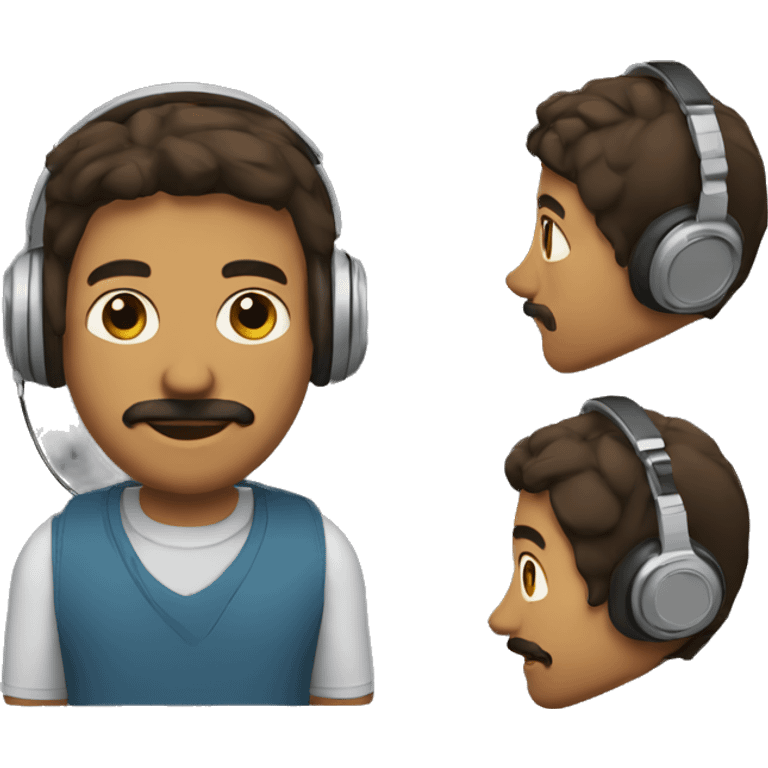 Make a brown man with mustache and with headphones and has mouth speaker and a computer and wearing a polo emoji