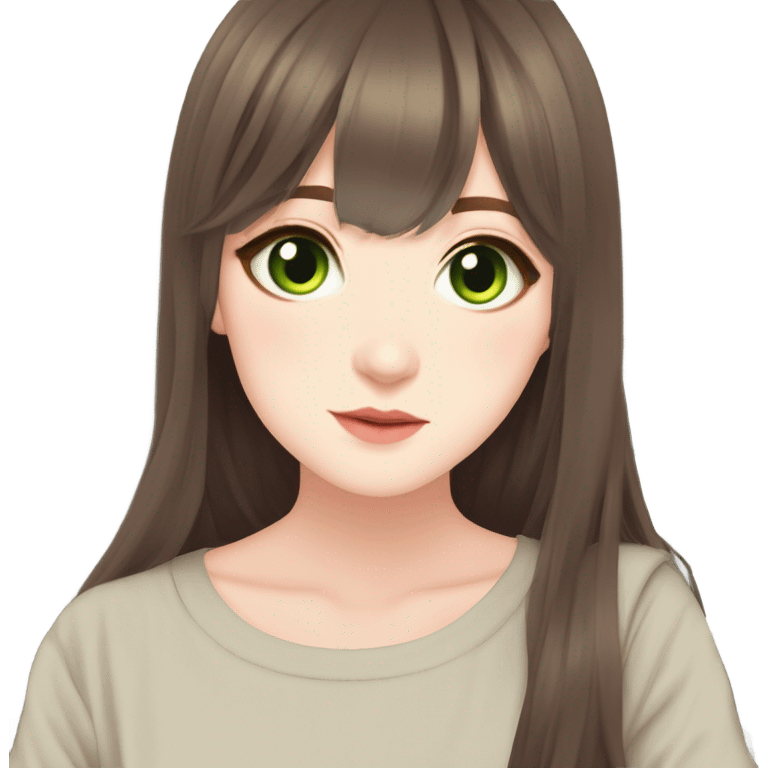 long Brown hair  shorter curtain bangs long layered straight hair  174cm pale skin skinny legend big green eyes Japanese/korean has dimple’s emoji