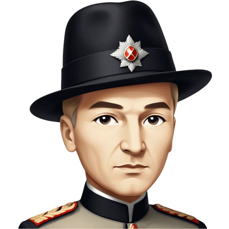 ​Cinematic Realistic Portrait of a Young Mustafa Kemal Atatürk, depicted in his iconic tall black hat and traditional attire with a confident, visionary expression, rendered with rich historical textures and warm, inspiring lighting that captures his youthful dynamism and transformative leadership, emoji