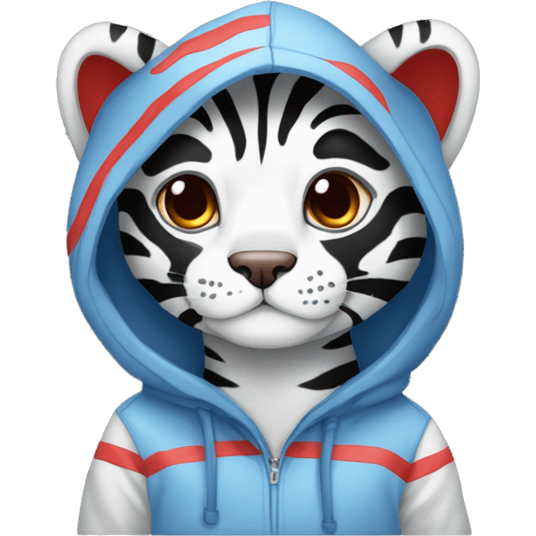 telegram sticker a A blue tiger with red stripes, red ears on the inside and black ears on the outside wearing a hoodie emoji