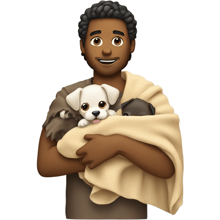 Guy holding a puppy warring a blanket emoji