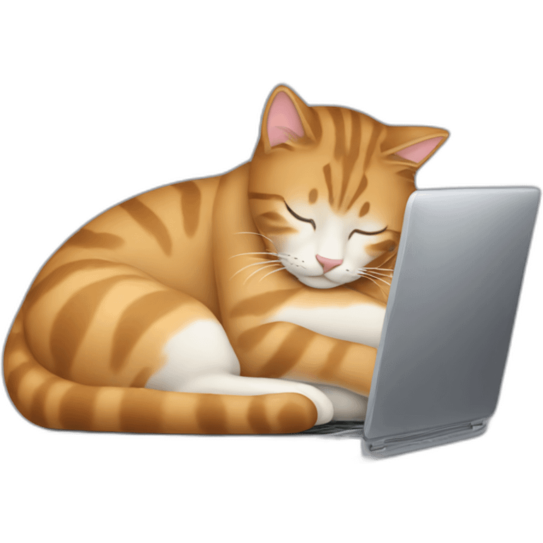 a large cat sleeping on the laptop of a woman with pale skin and long brown straight hair emoji