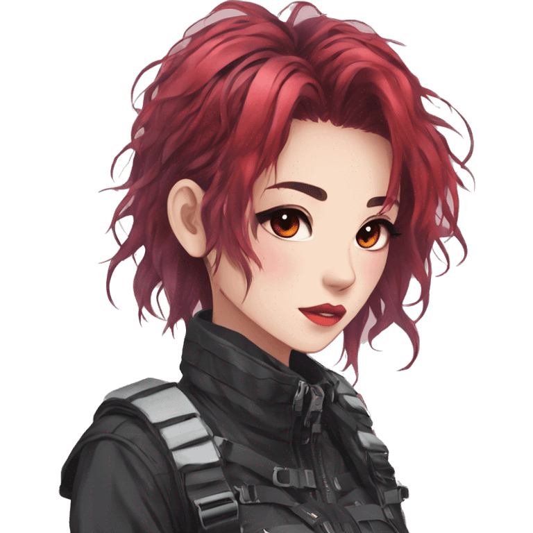 Gorgeous pastel techwear anime style lady with blushing face aesthetic and pretty edgy black red punk messy hair with collar and harness trending style emoji