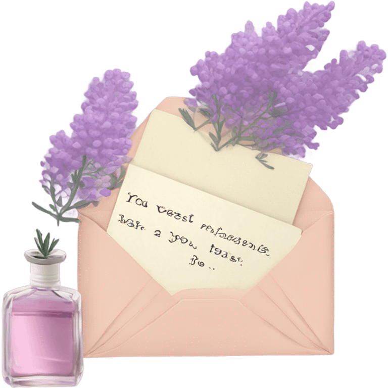 Aesthetic still life of soft violet mimosa flowers, a vintage-style pink perfume bottle, and a lavender love note delicately placed in an envelope.
 emoji