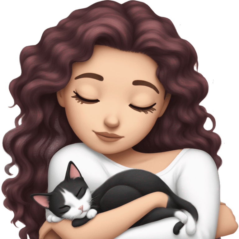 White girl ruby hair sleeping with black and white kitty emoji