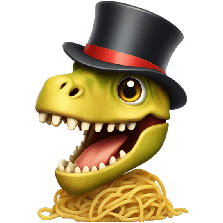 happy dino with a spaghetti top hat emoji