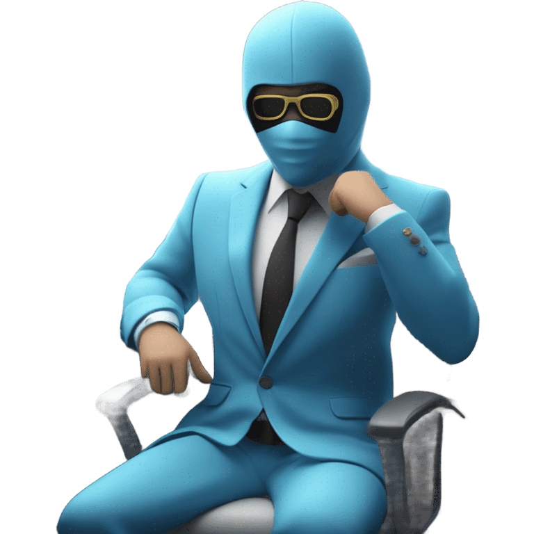 Grand thief's Light blue Suited and Masked Human character reminiscent of a GTA setting in the office in front of computer  stock market gallery and NFTs in the background. emoji