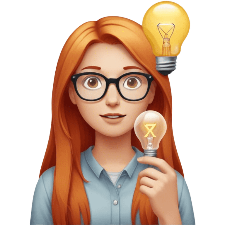 intelligent and clever, 30 year old, girl, long red and almost blond hair, glasses, has an brillant idea, light bulb over the head, casual cloth  emoji