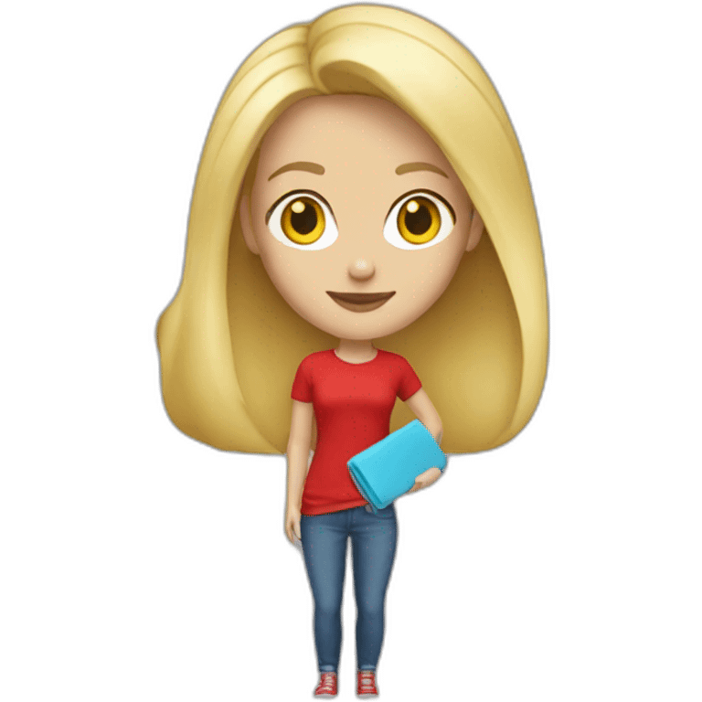 white blonde woman casual fashion red shirt emoji