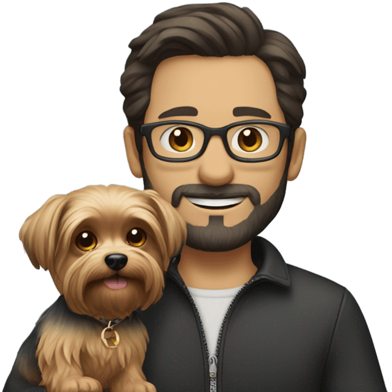 Dark haired white guy with facial hair and glasses holding a yorkie  emoji