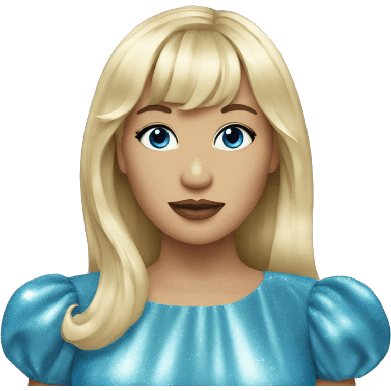 Blonde singer with bangs in sparkly blue dress emoji