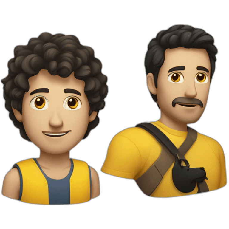 a skinny Caucasian brunnet man and a Caucasian black haired man with a yellow dog emoji