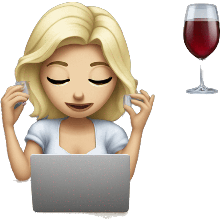 White blonde princess crying while drinking wine and working on a laptop emoji