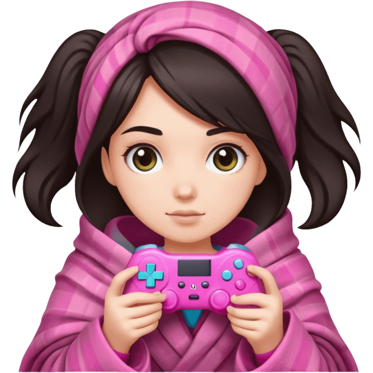 White girl with dark hair wrapped up in a blanket with a pink gaming controller in her hands emoji