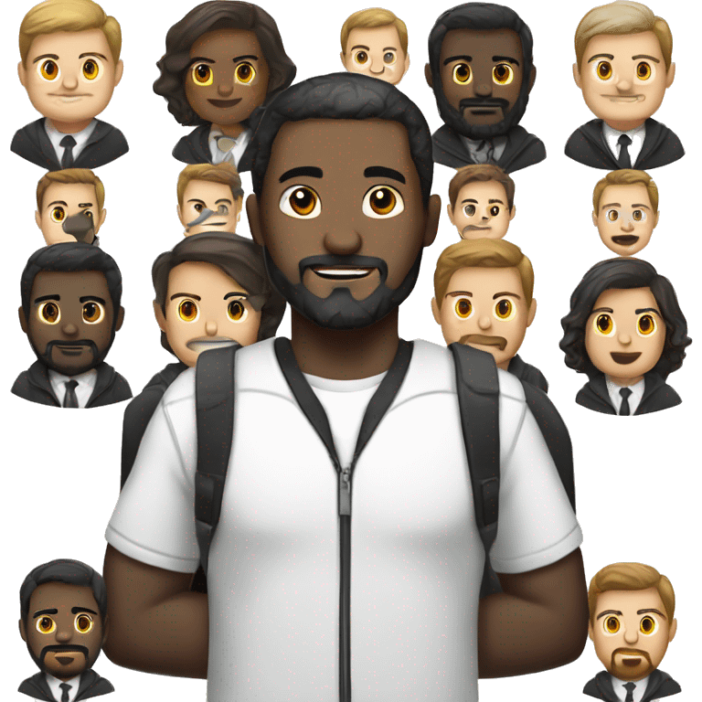 dark-skinned man with a beard, mustache and short haircut, wearing a white shirt with a black tie and a zip hoodie. emoji