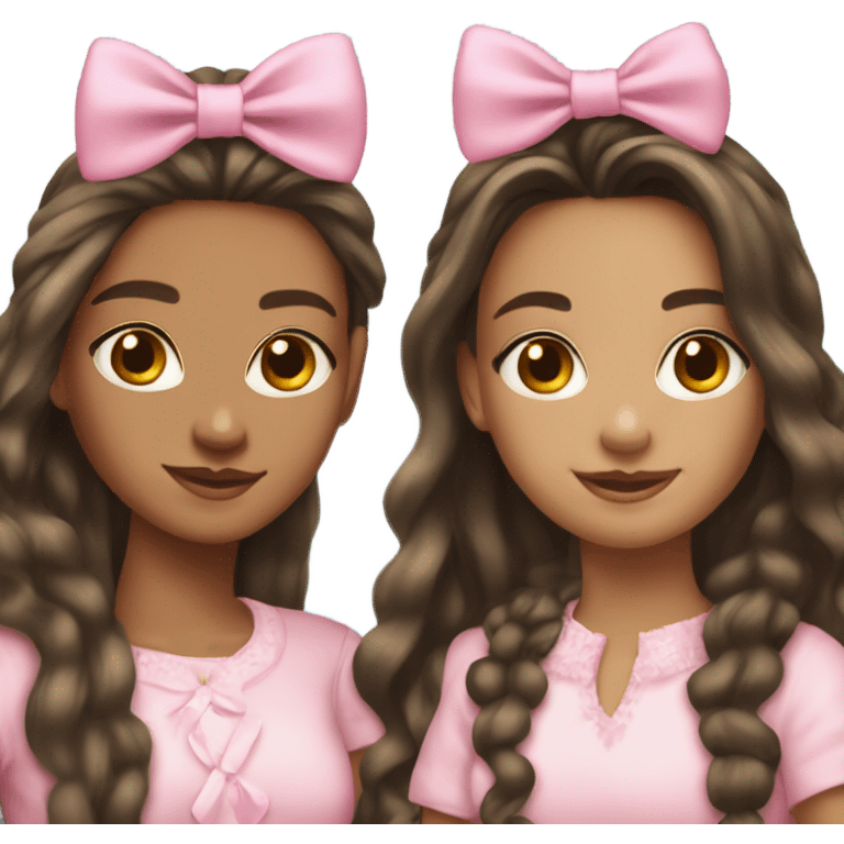 two teenage Latina best friends wearing pink. Long hair. Pink bows. Pearls. Light pink. Diamonds outfits emoji