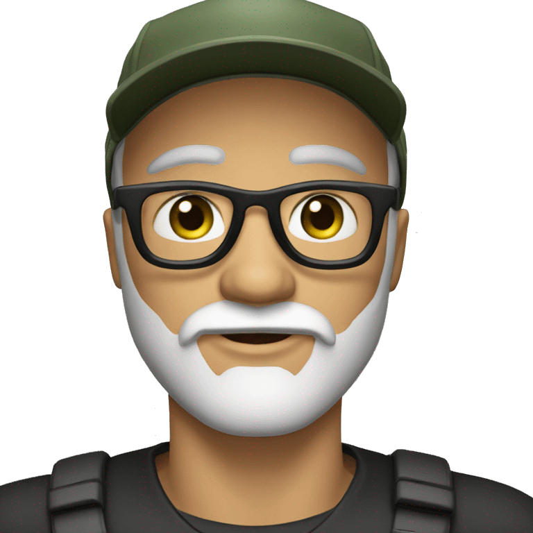 Create an emoji of a man with a white beard, black eyebrows, olive green eyes, wearing a black baseball cap and glasses emoji