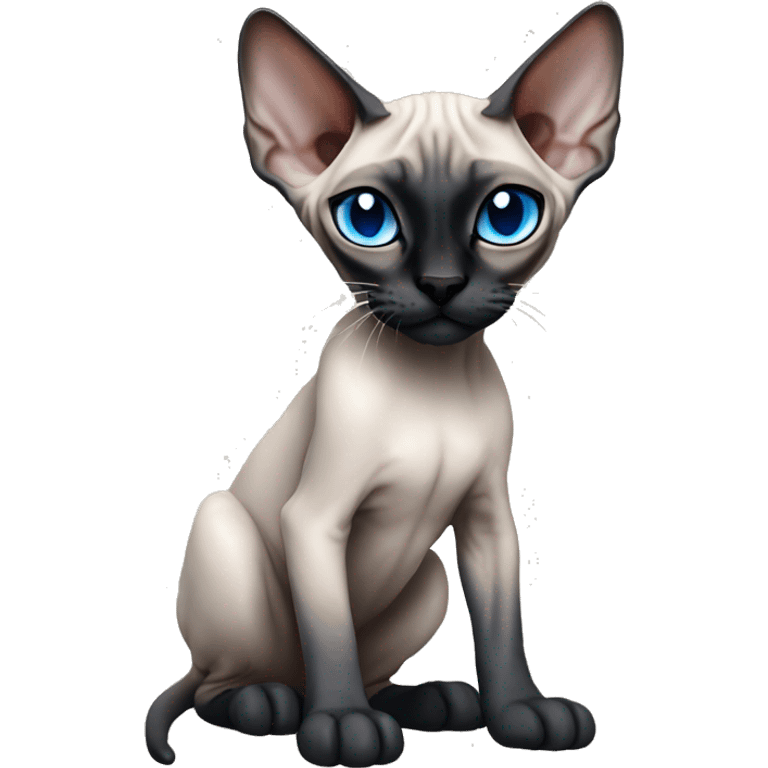 Siamese Sphynx  cat with blue eyes, full body, black nose ears and tail emoji