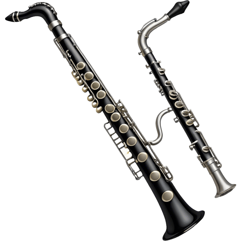 Create a sleek and professional emoji representing a black standard clarinet. The design should feature the smooth, black finish of the clarinet’s body with its shiny metal keys clearly visible. Highlight the mouthpiece with the reed at the top of the instrument. Include subtle details like the metal rings and key pads to emphasize its high-quality construction. Use black and silver tones to capture the classic and refined look of a traditional clarinet. Add soft musical notes around the instrument to evoke its melodic sound. The background should be transparent. emoji