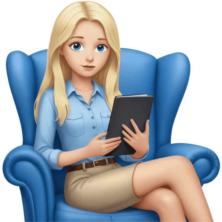 A cinematically realistic blonde with long hair and blue eyes is sitting on an armchair with a notebook in her hands, a girl is sitting opposite. emoji