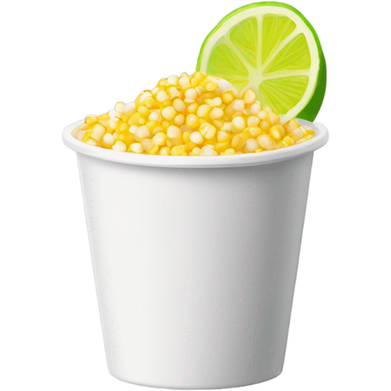 A white plastic cup filled whit yellow corn kernels, topped with grated cheese, white cream, chili powder, and a plastic spoon, with a hint of lime emoji