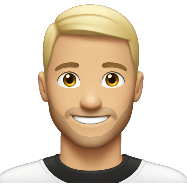 white Young man, with black buzz cut, and a faded beard, smiling really happy, and muscular but with a black t shirt on emoji