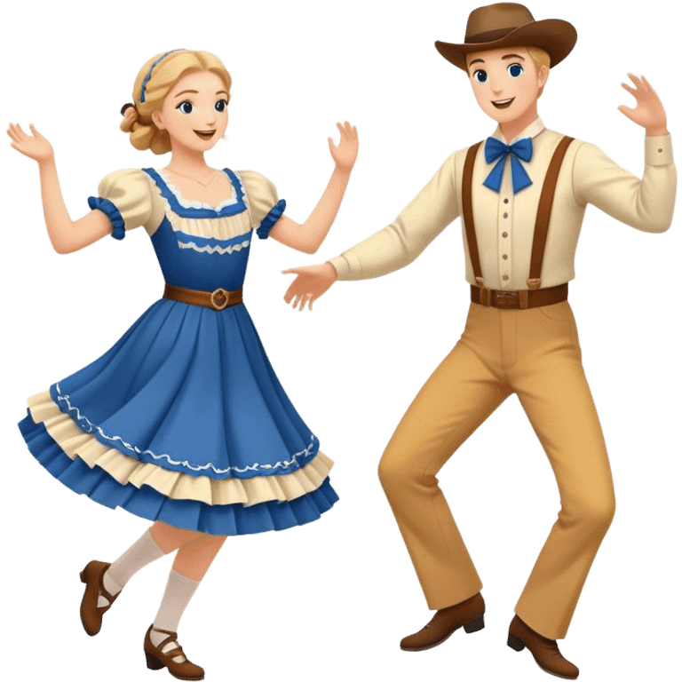 Cinematic Realistic scene of two square dancers in traditional American folk costumes, captured in joyful, coordinated motion with vibrant, rustic lighting that highlights their cultural heritage emoji