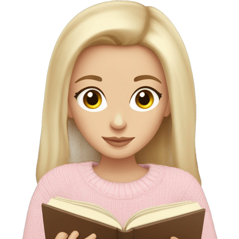 Pretty hazel eyed white girl with light pink sweater reading cozy emoji