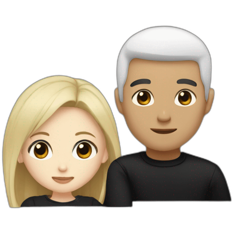 Blonde girl with brown eyes in black sweater and asian man with black hair and white skin hugging emoji