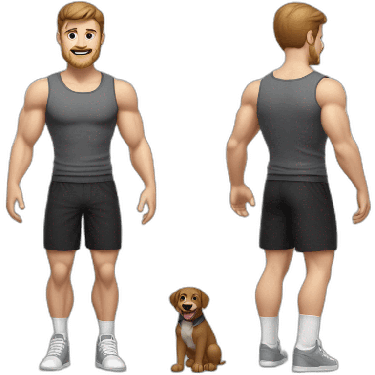 Full height realistic Actively gesturing with hands Pale skinned Fit Man With the biceps and brown hair in dark gray Sleeveless Mike, black oversize sports shorts, watch and white Sneakers emoji