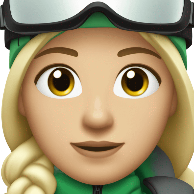 Green-eyed, fat female skier with medium-length straight blonde hair no curls, snow goggles on top of helmet, white ski helmet, gray snow jacket, green ski gloves, long black pants rolled up at the bottom, black only snow boots standing tall. emoji