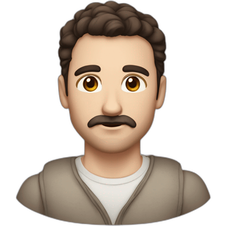 A young Caucasian man with dark brown eyes, almond-shaped eyes, short dark brown hair, and a small dark brown beard with a more prominent mustache. emoji