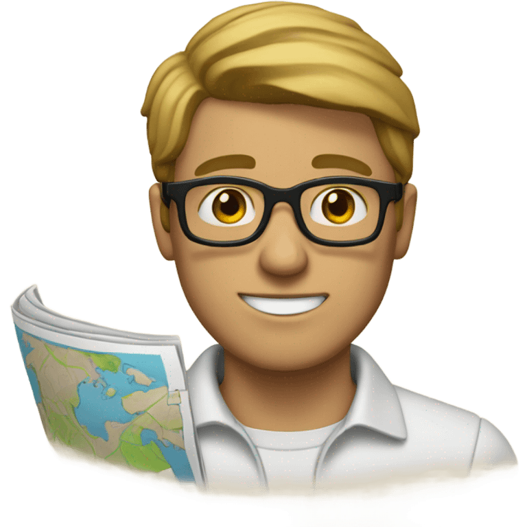 Guy with glasses and dark blonde hair holding a map plan  emoji