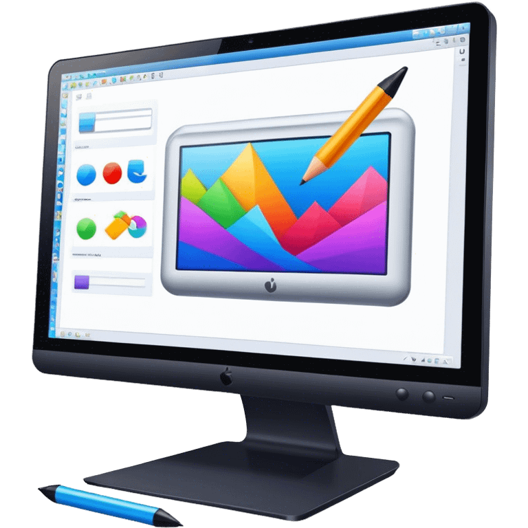 Computer graphics icon, large monitor with graphic design software open, graphic tablet, stylus, vibrant colors, minimalistic style, clean lines, transparent background. emoji