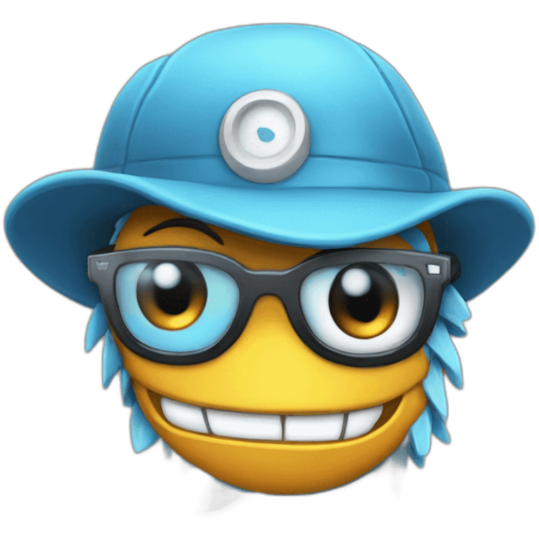 Crazy funny Cyberpunk Articuno head with beautiful smile wearing glasses and hat emoji