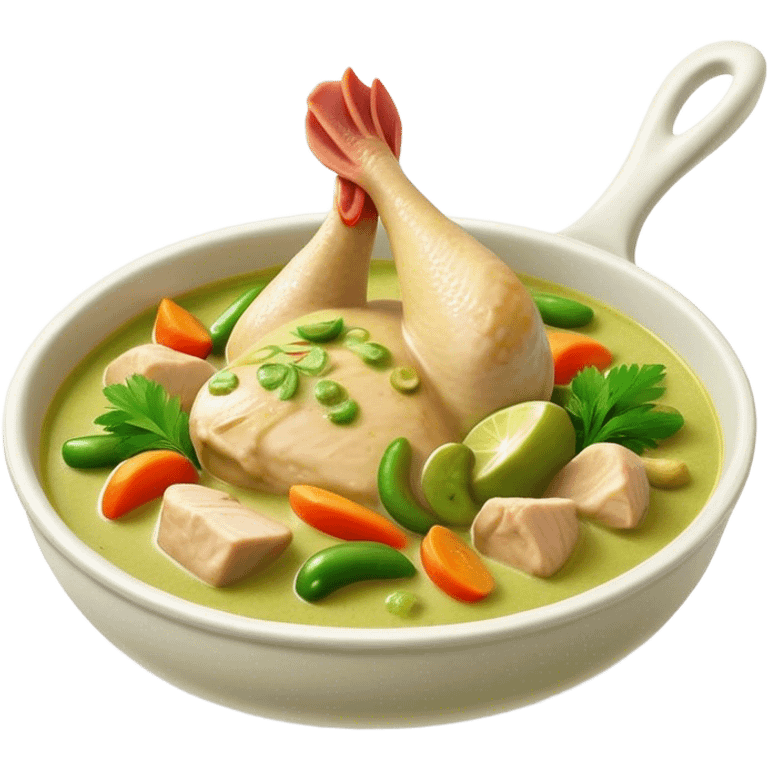 Cinematic Realistic Green Chicken Curry Dish Emoji, depicted with tender chicken simmered in a fragrant green curry sauce with vegetables rendered with rich textures and dynamic, vibrant lighting. emoji