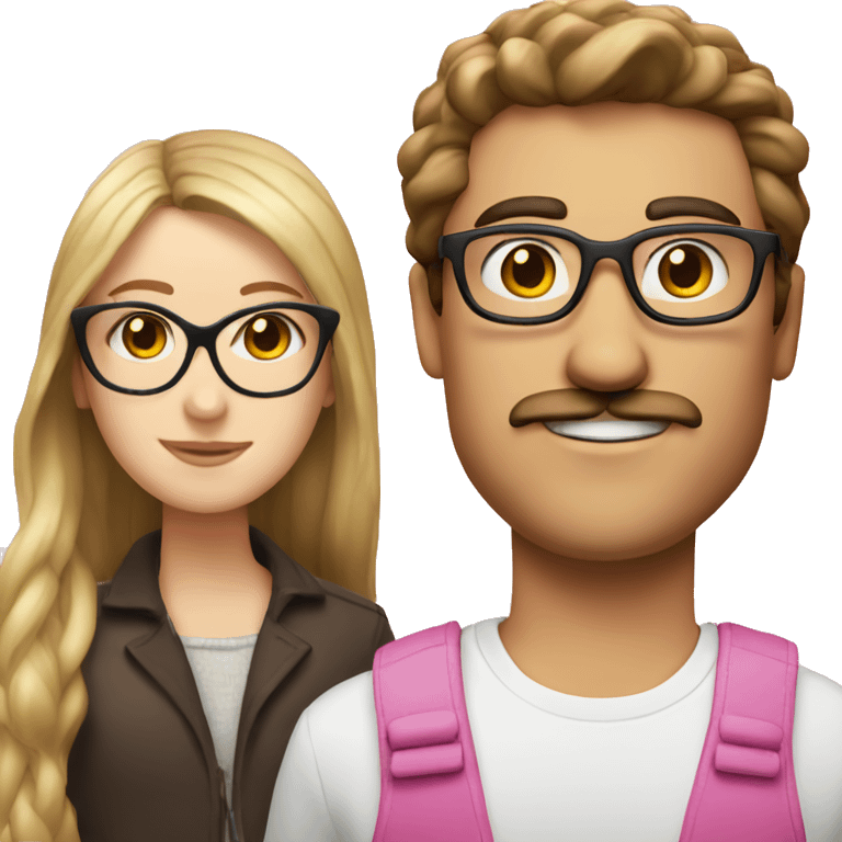 White man with brown hair and mustache next to white girl with brown hair and pink glasses emoji