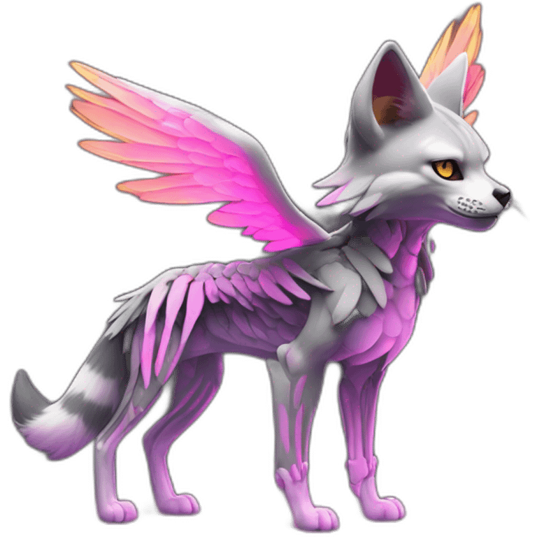 Coyote ocelot standing with grey and black fur and phoenix wings on back and pink ears half skeleton, neon lights emoji