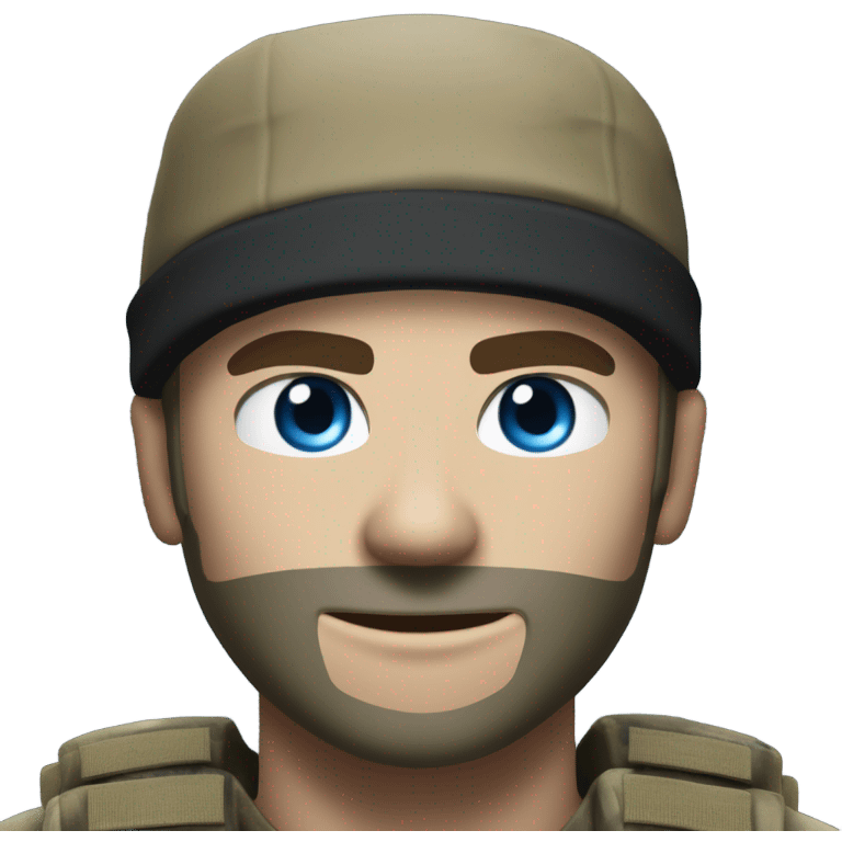 White male, call of duty black mask, camo tactical gear, tan combat boots, black beanie, blue eyes emoji