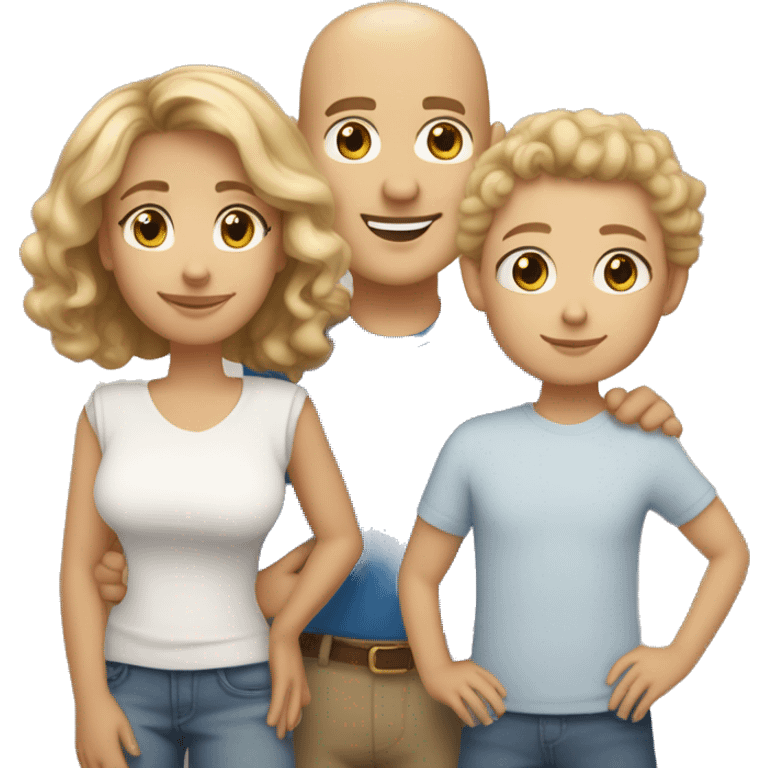 family, all light skinned, dad bald, mom light brown short curly hair, son blond short short curly hair,  and daughter dark blond shoulder length hair all have blue eyes don't need bodies emoji