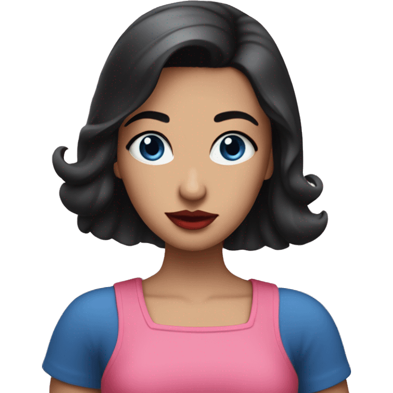 A girl with black hairand blue eyes and red lips and pink top and blue skirt emoji