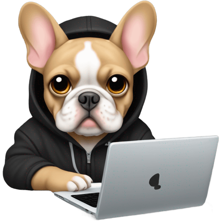 A light brown French bulldog with wearing a black hoodie while sitting in a gaming chair while investing in crypto on a light grey laptop ￼ emoji