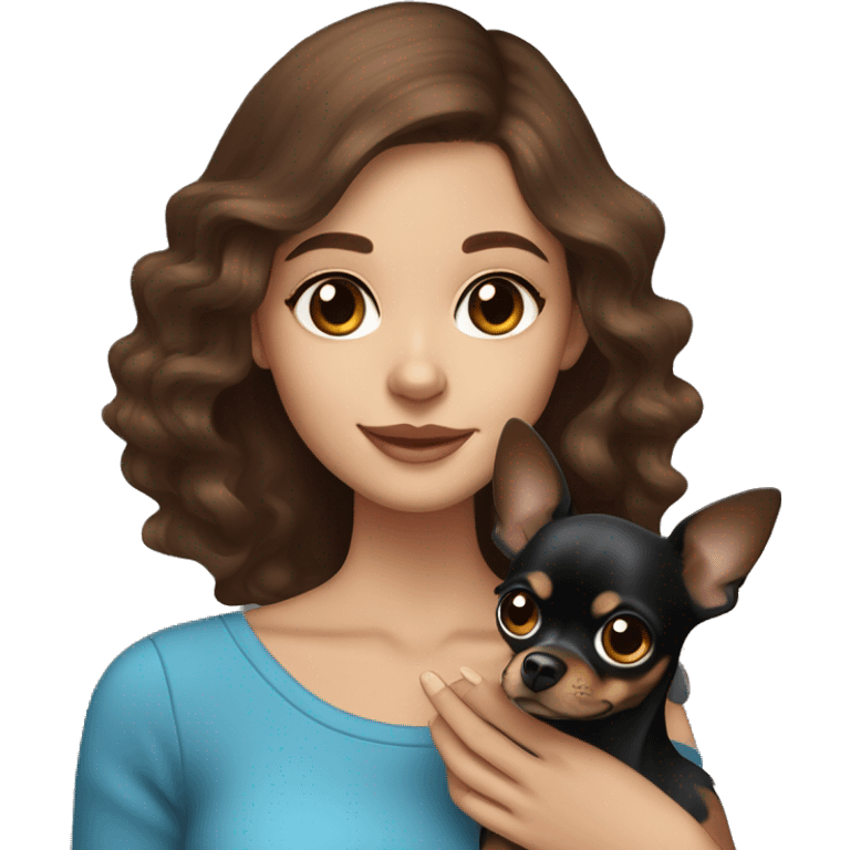 Pretty girl with long wavy brown hair, blue eyes, holding a black and brown short hair chihuahua emoji