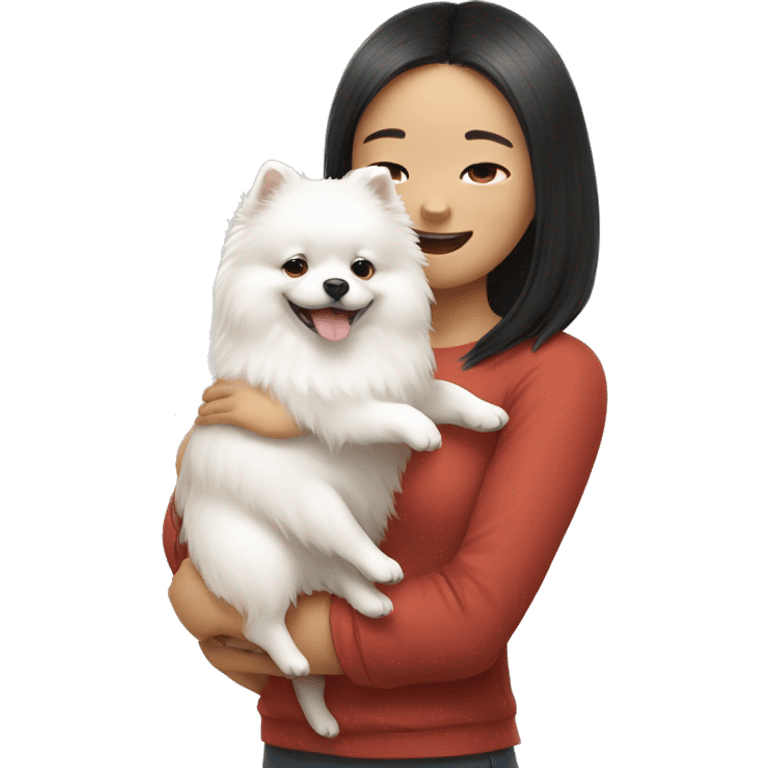 Chinese girl hug white Pomeranian emoji