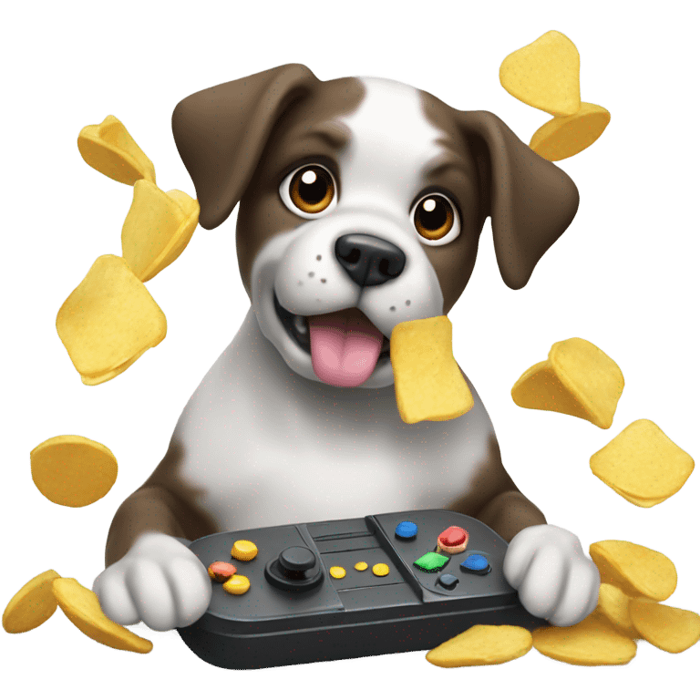 Dog playing with a gaming controller while eating chips emoji