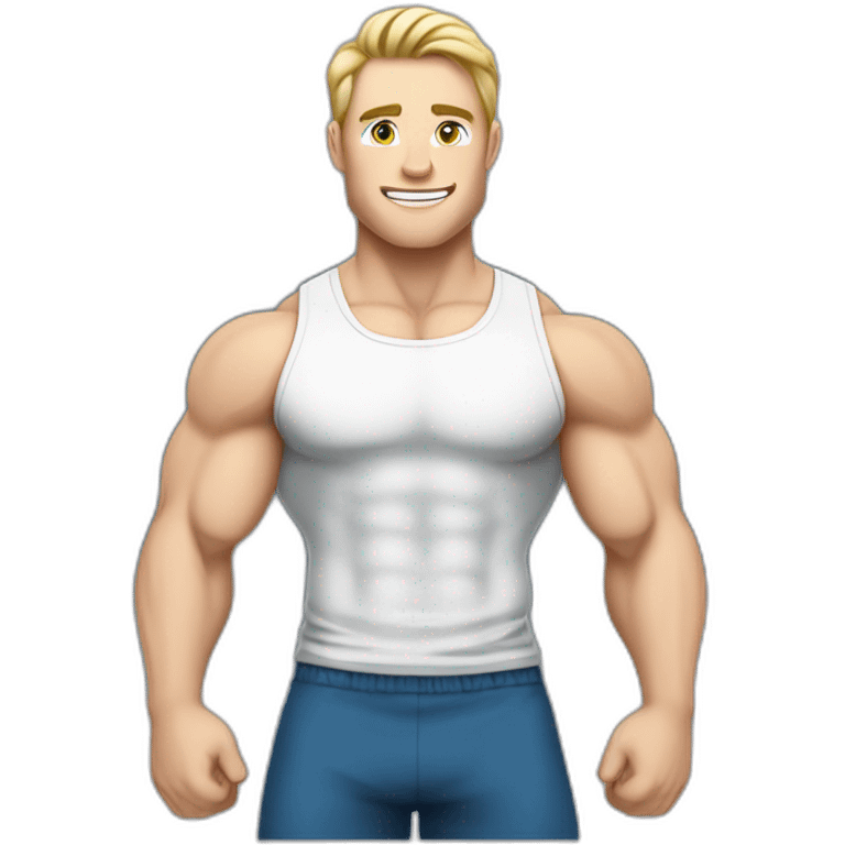 caucasian white muscled guy drinking a protein shake, goes to the gym everyday and works in tech. Has blonde/brunette hair, blue eyes. emoji