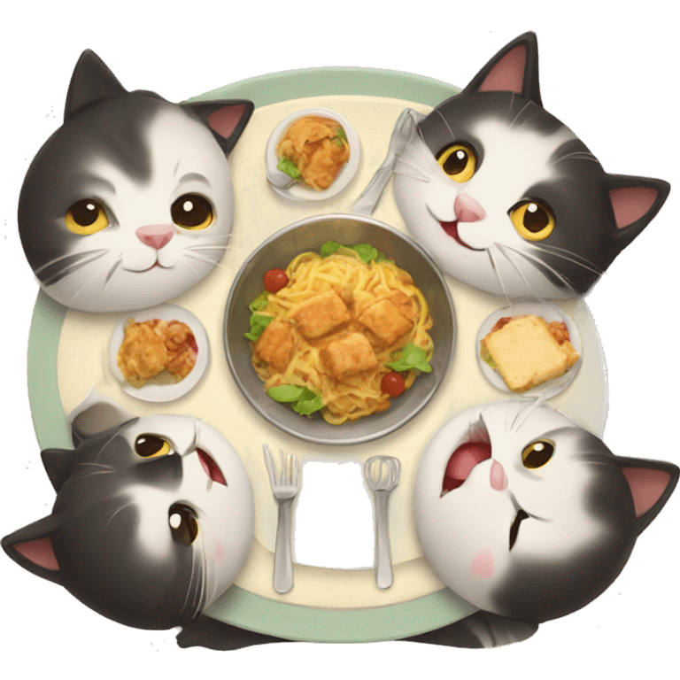 four HAPPY cats having DINNER emoji